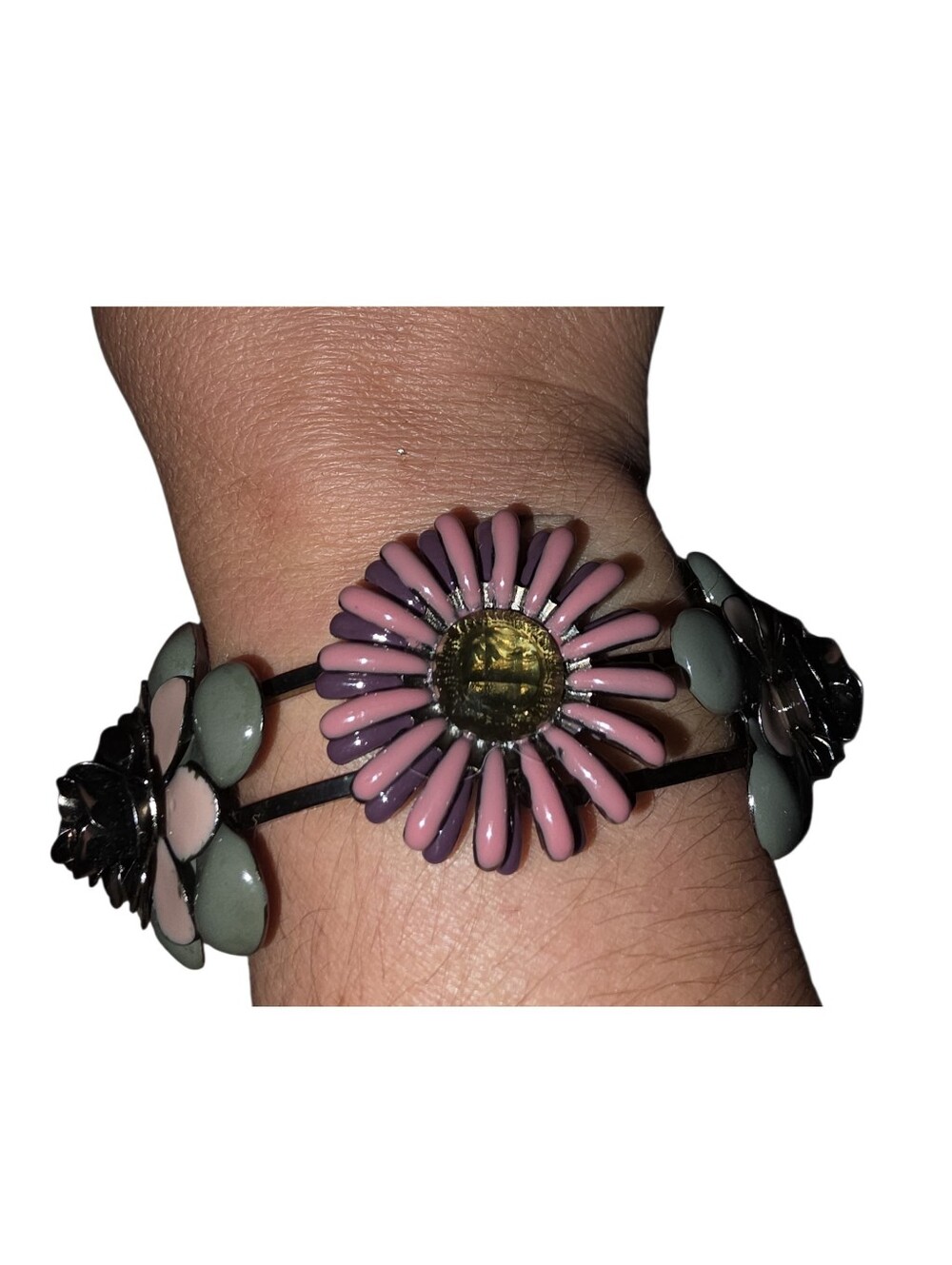 Pink Daisy Floral Hinged Cuff Bracelet